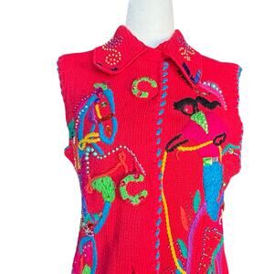 Michael Simon Bright Cherry Red Sleeveless Embroidered Cardigan Beaded Horse